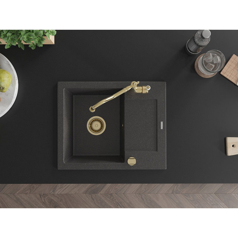 Mexen Enzo granite kitchen sink 1-bowl with drainer and Carla kitchen faucet, black speckled - 6506-76-670700-50
