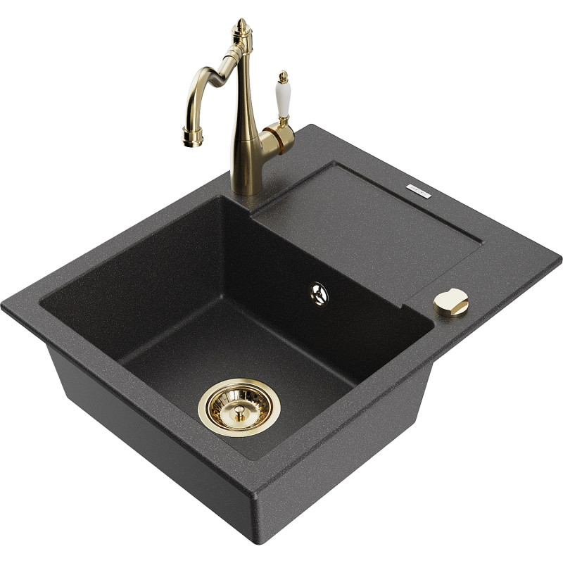 Mexen Enzo 1-bowl granite sink with drainer and kitchen faucet Carla, speckled black - 6506-76-670700-50