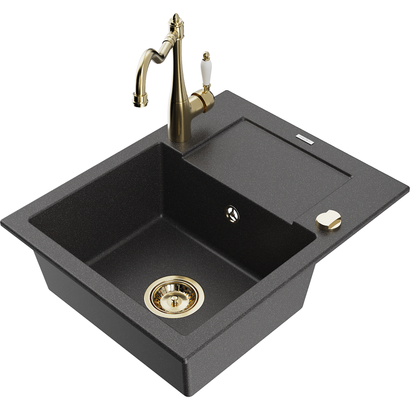 Mexen Enzo granite kitchen sink 1-bowl with drainer and Carla kitchen faucet, black speckled - 6506-76-670700-50