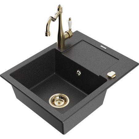 Mexen Enzo granite kitchen sink 1-bowl with drainer and Carla kitchen faucet, black speckled - 6506-76-670700-50