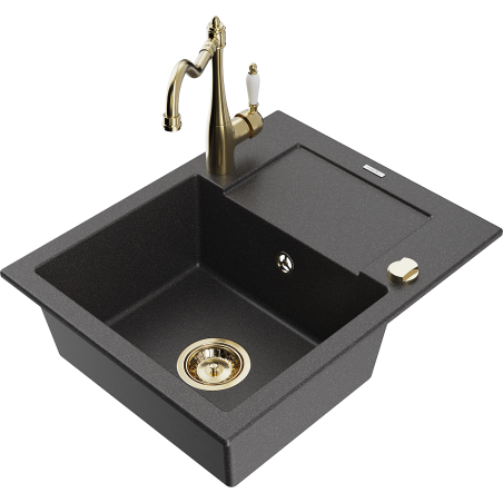Mexen Enzo granite sink 1-bowl with drainer and Carla kitchen faucet, black speckled - 6506-76-670700-50