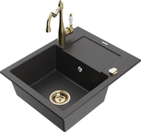 Mexen Enzo 1-bowl granite sink with drainer and kitchen faucet Carla, speckled black - 6506-76-670700-50