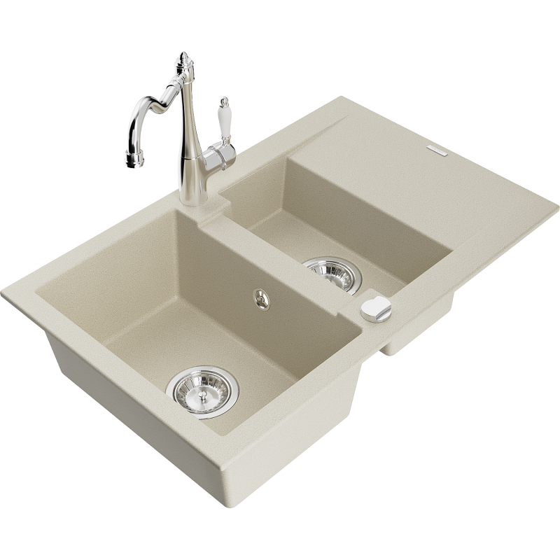 Mexen Gaspar 1.5-bowl granite kitchen sink with drainer and Carla kitchen tap, beige - 6507-69-670700-00