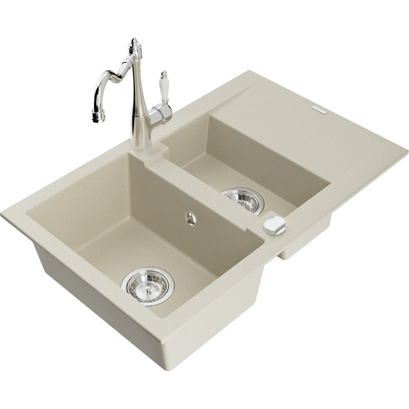 Mexen Gaspar 1.5-bowl granite sink with drainer and kitchen faucet Carla, beige - 6507-69-670700-00