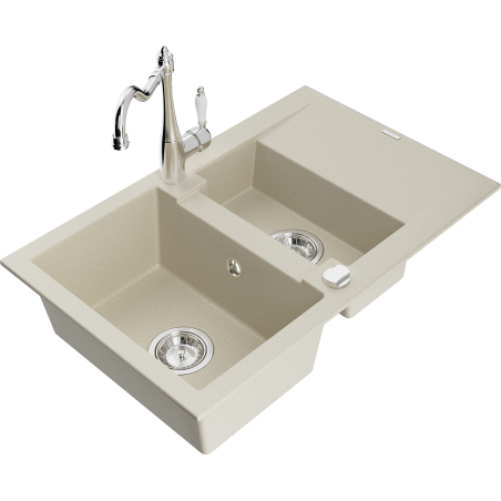 Mexen Gaspar 1.5-compartment granite sink with a drip tray and kitchen mixer tap Carla, Beige - 6507-69-670700-00