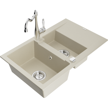 Mexen Gaspar granite sink 1.5-bowl with drainer and kitchen faucet Carla, beige - 6507-69-670700-00