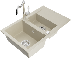 Mexen Gaspar 1.5-bowl granite kitchen sink with drainer and Carla kitchen tap, beige - 6507-69-670700-00