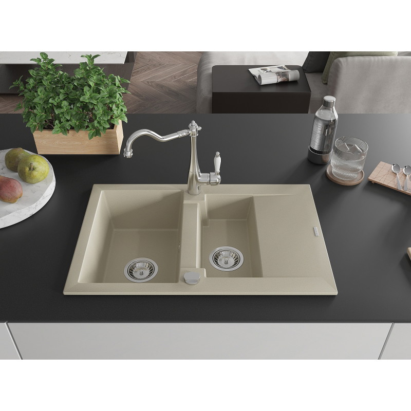 Mexen Gaspar 1.5-bowl granite sink with drainer and kitchen faucet Carla, beige - 6507-69-670700-00