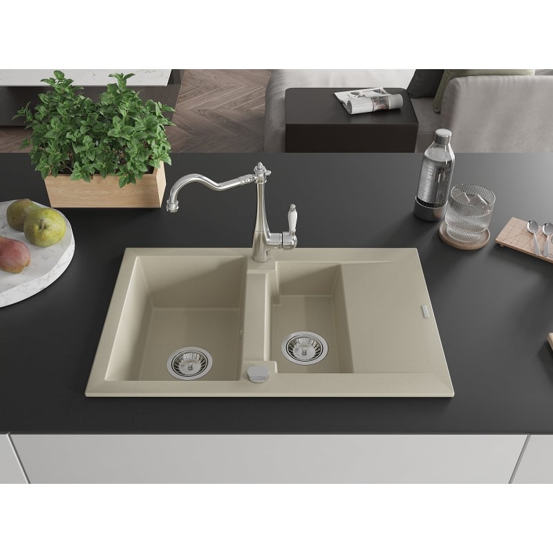 Mexen Gaspar granite sink 1.5-bowl with drainer and kitchen faucet Carla, beige - 6507-69-670700-00