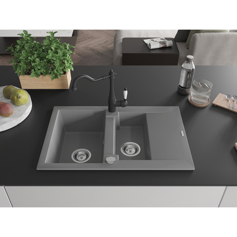 Mexen Gaspar 1.5-Bowl Granite Sink with Drainer and Carla Kitchen Faucet, Gray - 6507-71-670700-70