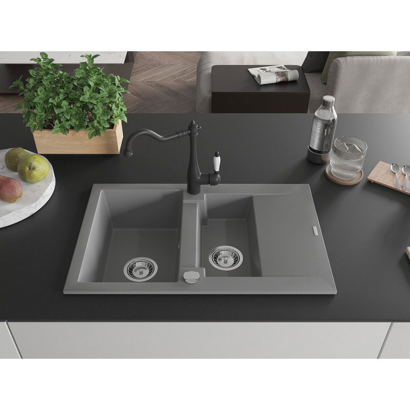 Mexen Gaspar granite sink 1.5-bowl with drainer and Carla kitchen tap, grey - 6507-71-670700-70
