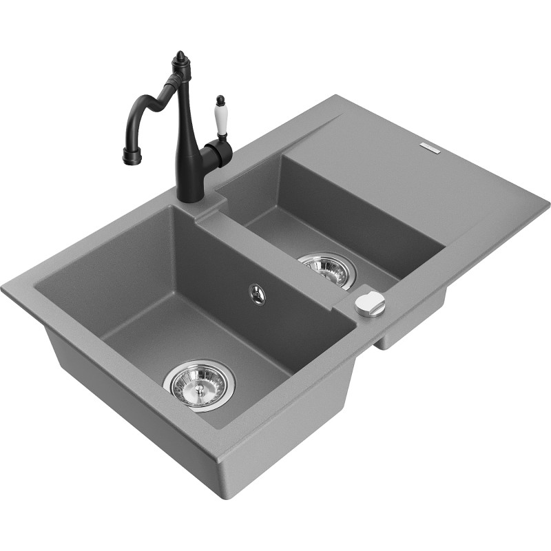 Mexen Gaspar 1.5-Bowl Granite Sink with Drainer and Carla Kitchen Faucet, Gray - 6507-71-670700-70