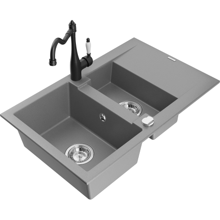 Mexen Gaspar 1.5-compartment granite sink with a drip tray and kitchen mixer tap Carla, Grey - 6507-71-670700-70