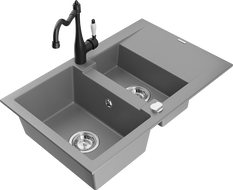Mexen Gaspar granite sink 1.5-bowl with drainer and Carla kitchen tap, grey - 6507-71-670700-70