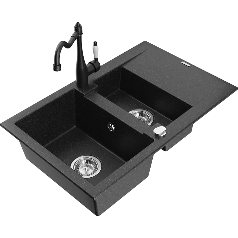 Mexen Gaspar 1.5-Bowl Granite Sink with Drainer and Kitchen Faucet Carla Black/Silver Metallic - 6507-73-670700-70