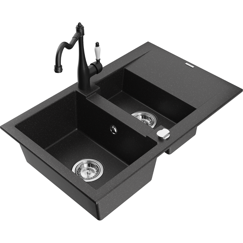Mexen Gaspar 1.5-compartment granite sink with a drip tray and kitchen mixer tap Carla Black/Silver metallic - 6507-73-670700-70