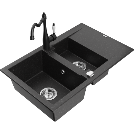 Mexen Gaspar 1.5-Bowl Granite Sink with Drainer and Kitchen Faucet Carla Black/Silver Metallic - 6507-73-670700-70