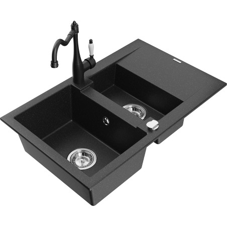 Mexen Gaspar granite sink 1.5-bowl with drainer and kitchen faucet Carla black/silver metallic - 6507-73-670700-70