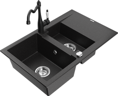 Mexen Gaspar 1.5-compartment granite sink with a drip tray and kitchen mixer tap Carla Black/Silver metallic - 6507-73-670700-70