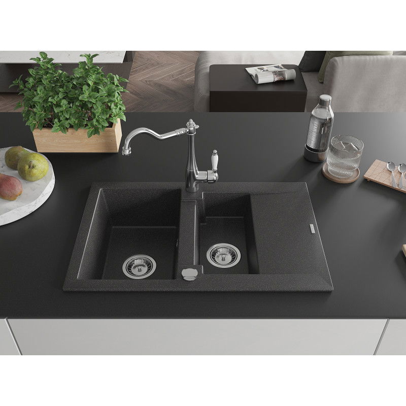 Mexen Gaspar 1.5-bowl granite sink with drainer and Carla kitchen tap, speckled black - 6507-76-670700-00
