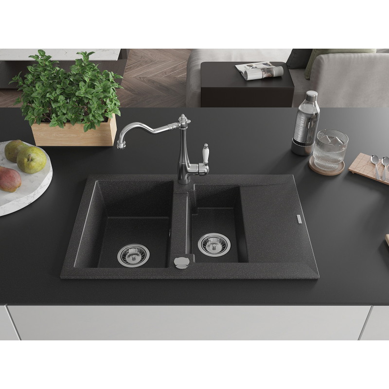 Mexen Gaspar granite sink 1.5-bowl with drainer and Carla kitchen faucet, speckled black - 6507-76-670700-00