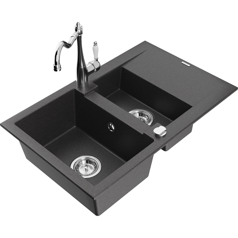 Mexen Gaspar 1.5-bowl granite sink with drainer and Carla kitchen tap, speckled black - 6507-76-670700-00