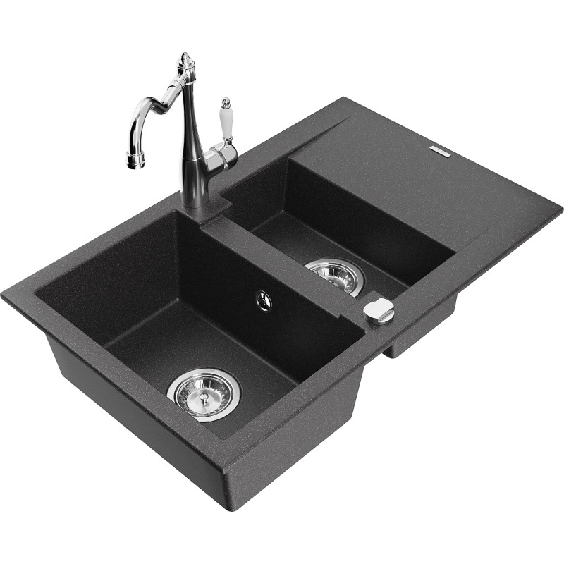 Mexen Gaspar granite sink 1.5-bowl with drainer and Carla kitchen faucet, black speckled - 6507-76-670700-00