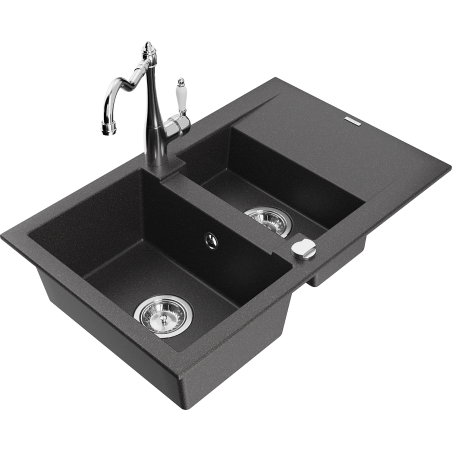 Mexen Gaspar 1.5-bowl granite sink with drainer and Carla kitchen tap, speckled black - 6507-76-670700-00
