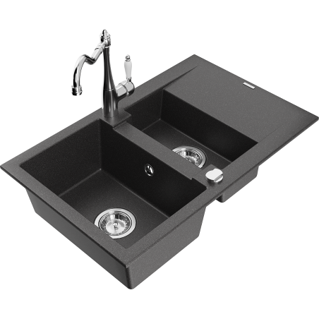 Mexen Gaspar granite sink 1.5-bowl with drainer and Carla kitchen faucet, black speckled - 6507-76-670700-00