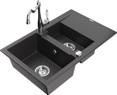 Mexen Gaspar granite sink 1.5-bowl with drainer and Carla kitchen faucet, speckled black - 6507-76-670700-00