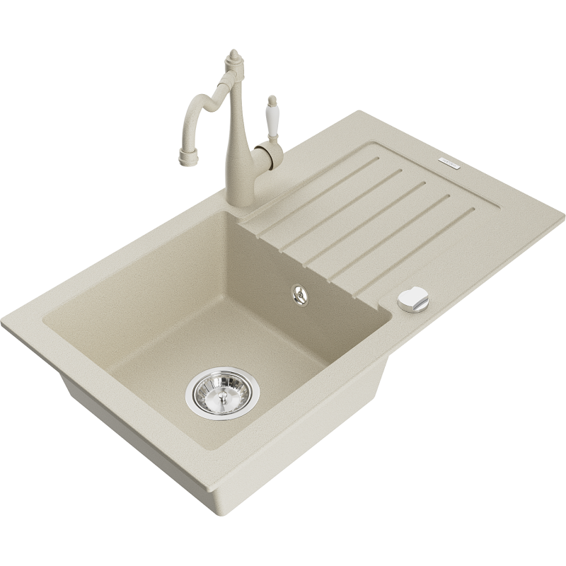 Mexen Pablo 1-compartment granite sink with a drip tray and kitchen mixer tap Carla, Beige - 6510-69-670700-69