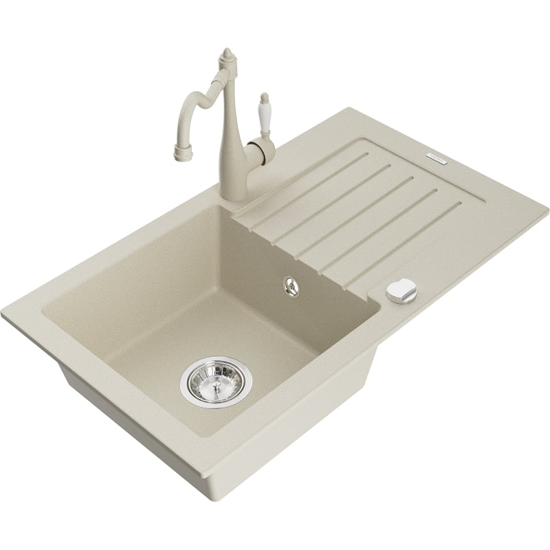Mexen Pablo granite kitchen sink with 1 bowl, drainer and kitchen faucet Carla, beige - 6510-69-670700-69