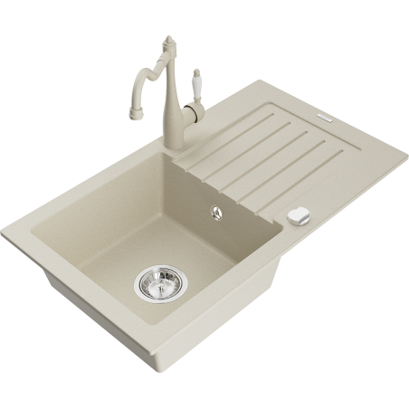 Mexen Pablo granite kitchen sink with 1 bowl, drainer and kitchen faucet Carla, beige - 6510-69-670700-69