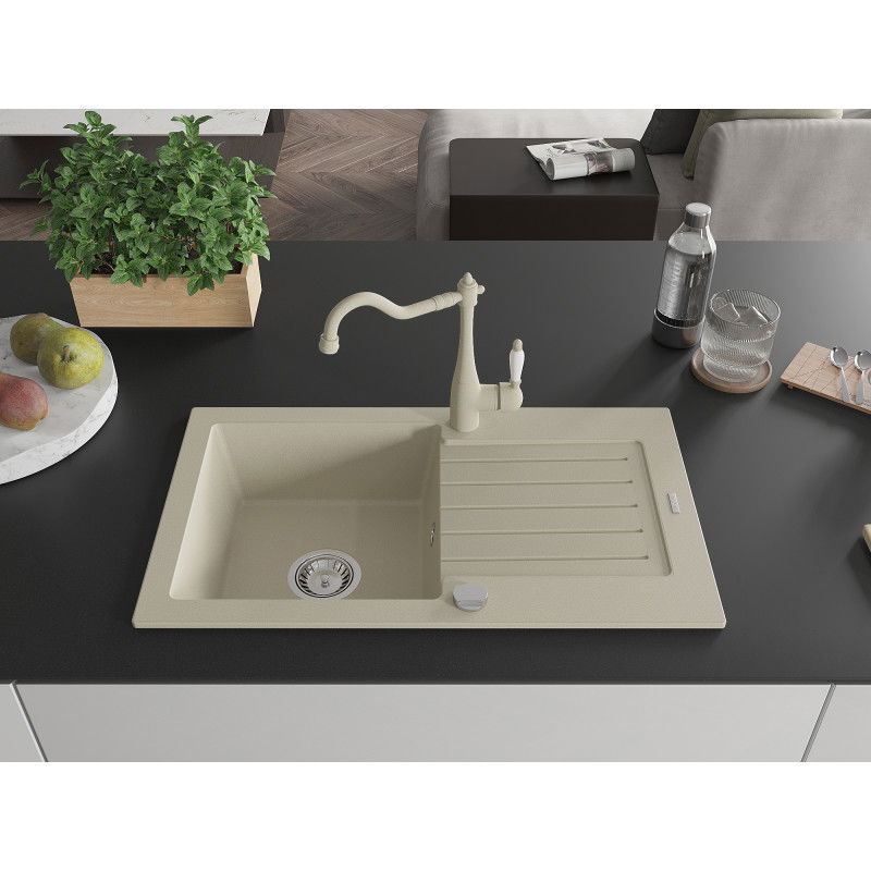 Mexen Pablo granite sink 1-bowl with drainer and Carla kitchen tap, beige - 6510-69-670700-69