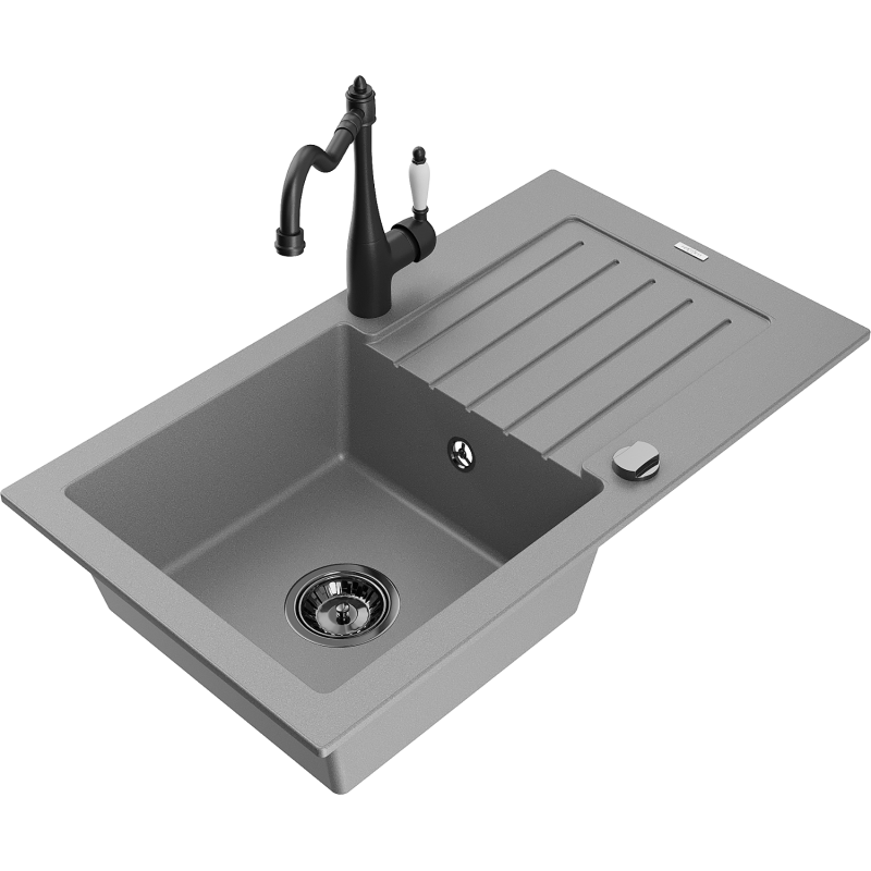 Mexen Pablo 1-bowl granite sink with drainer and Carla kitchen tap, grey - 6510-71-670700-70-B