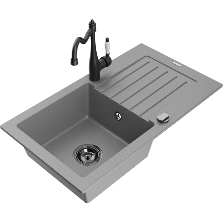 Mexen Pablo 1-bowl granite sink with drainer and Carla kitchen tap, grey - 6510-71-670700-70-B