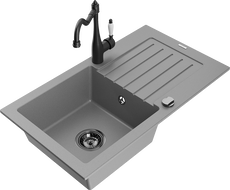 Mexen Pablo 1-compartment granite sink with a drip tray and kitchen mixer tap Carla, Grey - 6510-71-670700-70-B