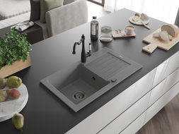 Mexen Pablo granite kitchen sink with 1 bowl, drainer, and kitchen faucet Carla, gray - 6510-71-670700-70-B