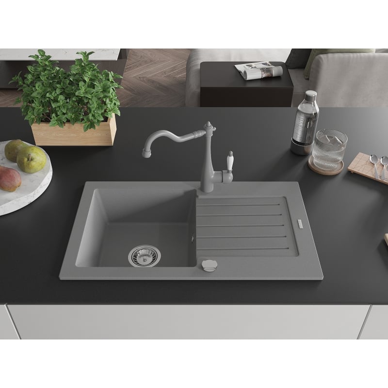 Mexen Pablo granite sink 1-bowl with drainer and kitchen faucet Carla, gray - 6510-71-670700-71