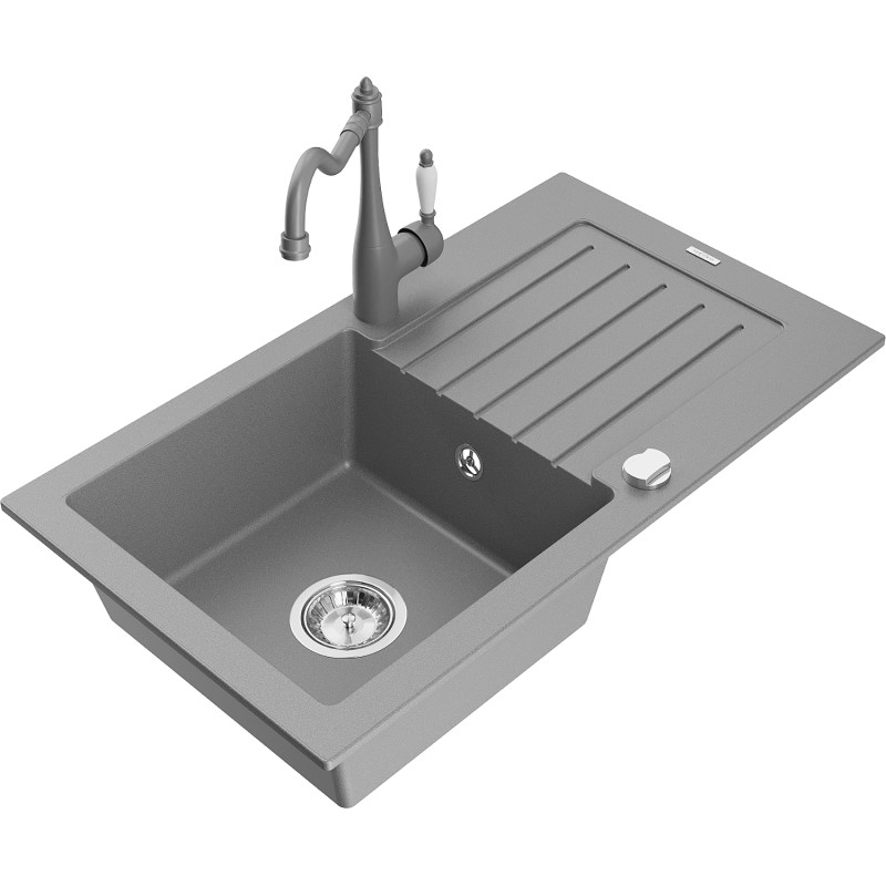 Mexen Pablo 1-Bowl Granite Sink with Drainer and Kitchen Faucet Carla, Gray - 6510-71-670700-71