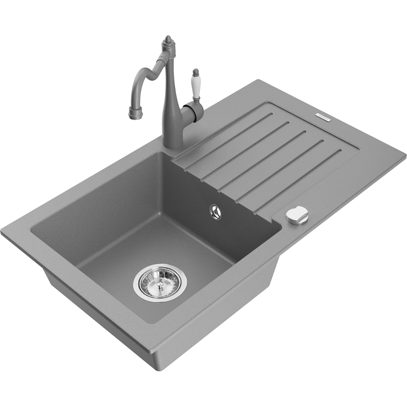 Mexen Pablo granite sink 1-bowl with drainer and Carla kitchen tap, grey - 6510-71-670700-71