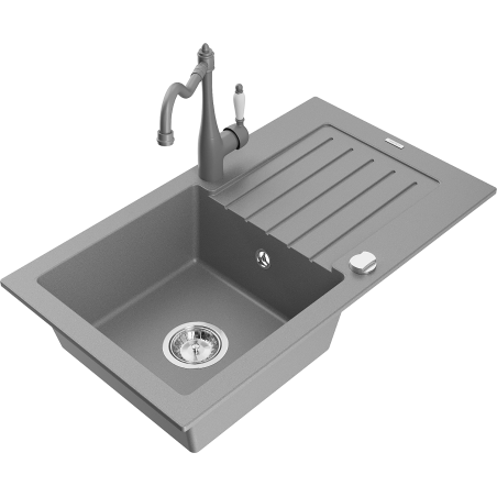 Mexen Pablo granite sink 1-bowl with drainer and Carla kitchen tap, grey - 6510-71-670700-71