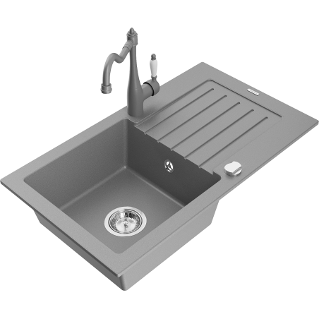 Mexen Pablo granite sink 1-bowl with drainer and kitchen faucet Carla, gray - 6510-71-670700-71