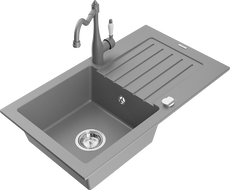 Mexen Pablo 1-compartment granite sink with a drip tray and kitchen mixer tap Carla, Grey - 6510-71-670700-71