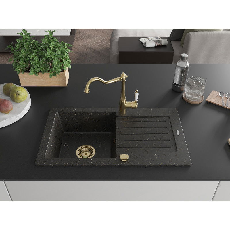 Mexen Pablo granite sink 1-bowl with drainer and kitchen tap Carla, black/golden metallic - 6510-75-670700-50