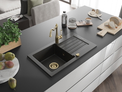 Mexen Pablo 1-bowl granite sink with drainer and kitchen faucet Carla, black/gold metallic - 6510-75-670700-50