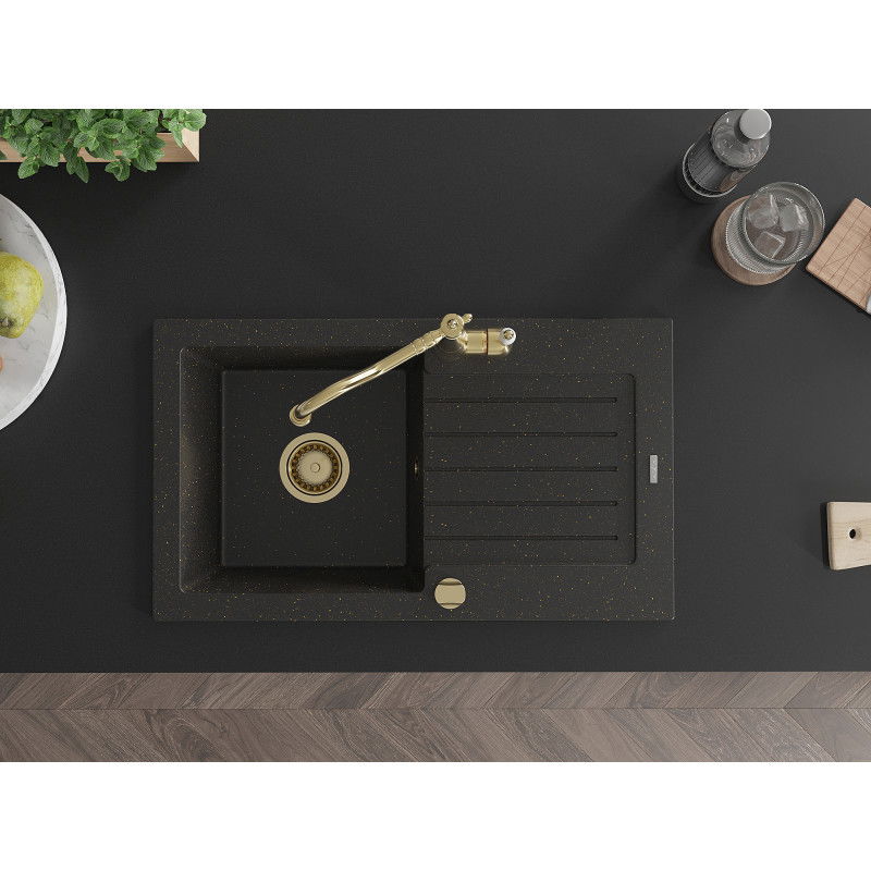 Mexen Pablo granite sink 1-bowl with drainer and kitchen tap Carla, black/golden metallic - 6510-75-670700-50