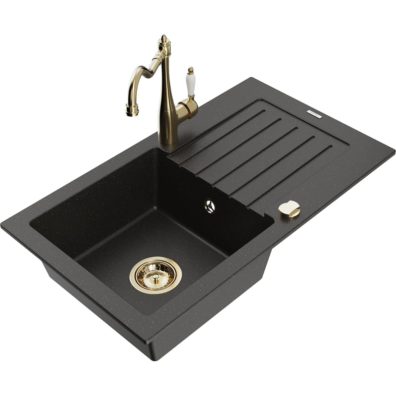 Mexen Pablo 1-bowl granite sink with drainer and kitchen faucet Carla, black/gold metallic - 6510-75-670700-50