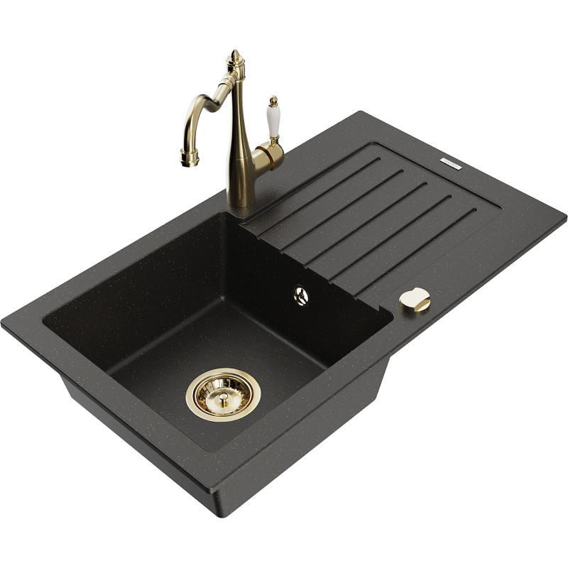 Mexen Pablo granite sink 1-bowl with drainer and kitchen faucet Carla, black/gold metallic - 6510-75-670700-50