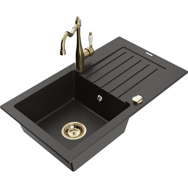 Mexen Pablo granite sink 1-bowl with drainer and kitchen tap Carla, black/golden metallic - 6510-75-670700-50